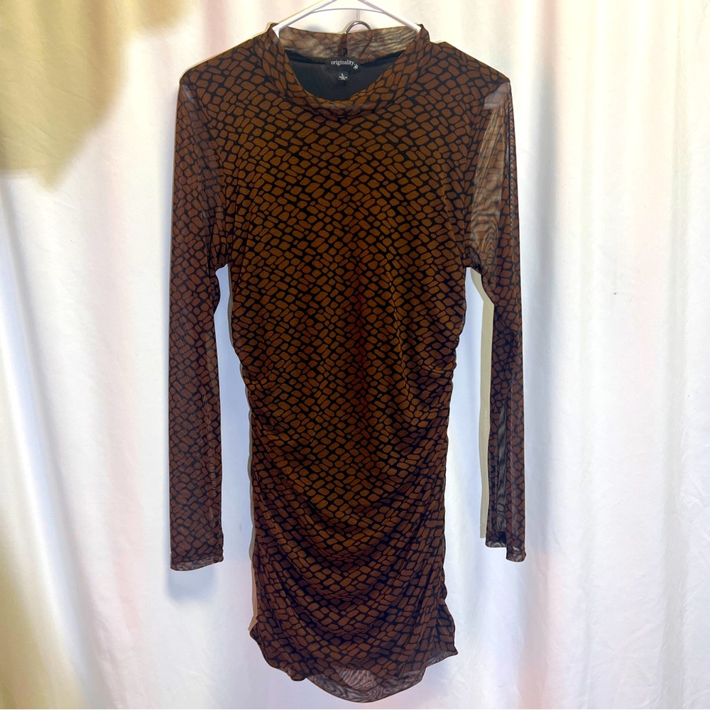 Originality Long Sleeve Lined Mesh Dress with Ruched Sides